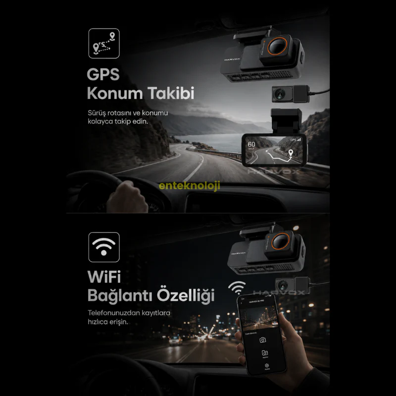 Harvox 4K Pro Araç İçi Kamera 4K HD Görüntü WiFi GPS ADAS Özellikli Yapay Zekalı 24 Saat Çalışma