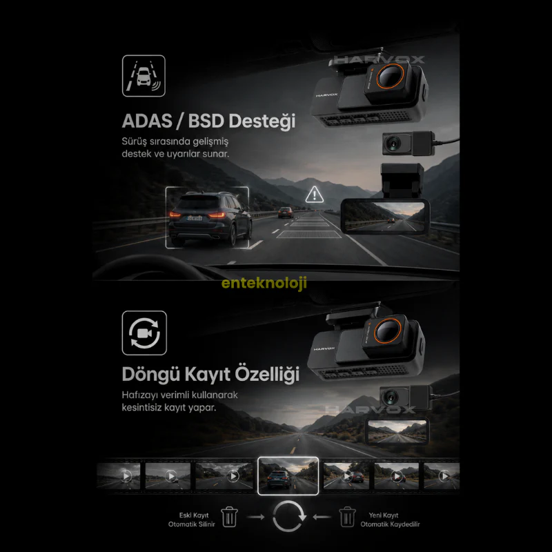 Harvox 4K Pro Araç İçi Kamera 4K HD Görüntü WiFi GPS ADAS Özellikli Yapay Zekalı 24 Saat Çalışma