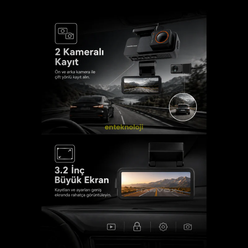 Harvox 4K Pro Araç İçi Kamera 4K HD Görüntü WiFi GPS ADAS Özellikli Yapay Zekalı 24 Saat Çalışma