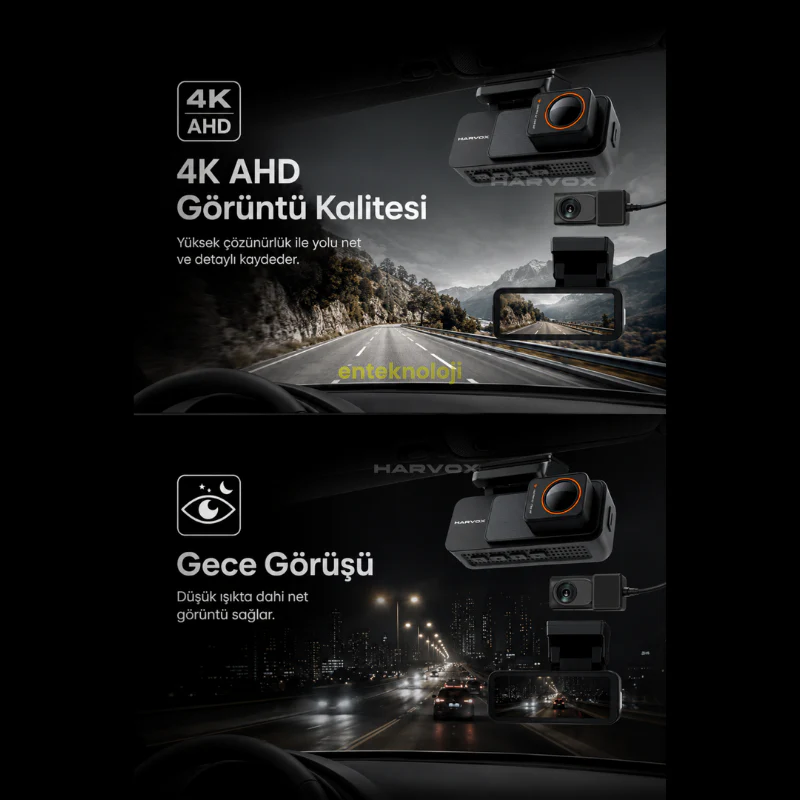 Harvox 4K Pro Araç İçi Kamera 4K HD Görüntü WiFi GPS ADAS Özellikli Yapay Zekalı 24 Saat Çalışma