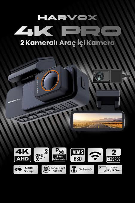 Harvox 4K Pro Araç İçi Kamera 4K HD Görüntü WiFi GPS ADAS Özellikli Yapay Zekalı 24 Saat Çalışma
