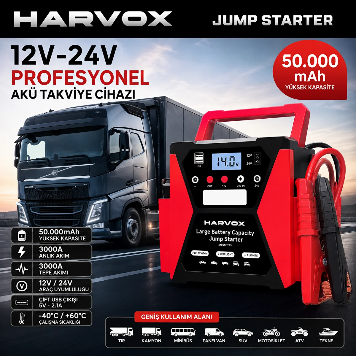 Harvox Tır, Kamyon, Minibüs, Otobüs,araçlar İçin Akü Takviye Cihazı | 12/24 Volt Çift Voltajlı 50.000 Mah Powerbank